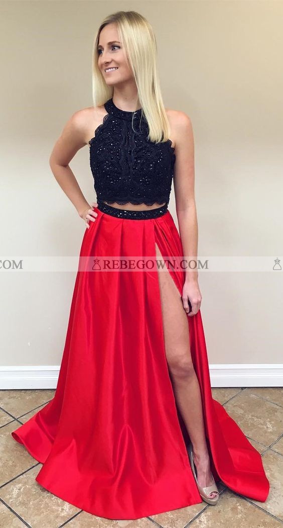 2021 Charming Princess/A-Line Black And Red Two Pieces Satin Prom Dresses