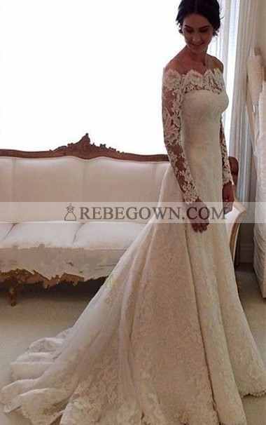 Bateau Ivory A-Line Court Train Lace Long Sleeves Wedding Gowns / Dresses