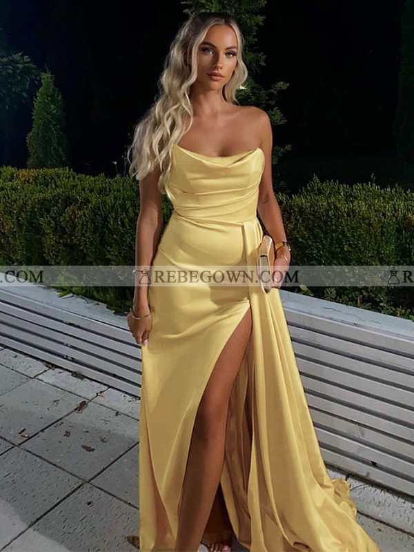 Column Strapless Ruched Satin Sleeveless Sweepbrush Train Prom Dresses 