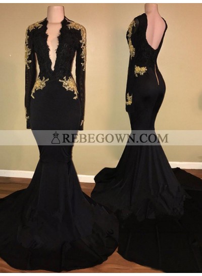 2022 Charming Long Sleeve Black V-neck Prom Dresses