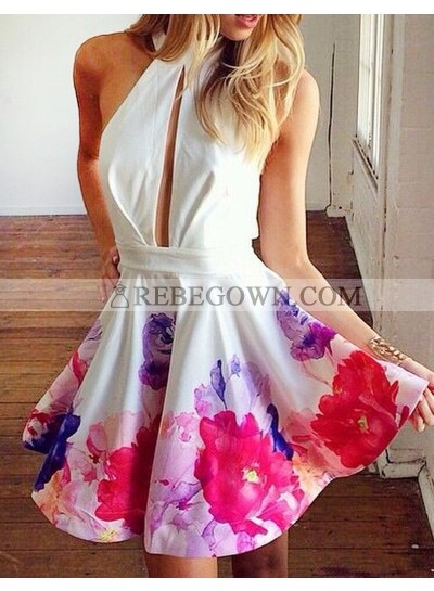 Princess/A-Line Jewel Keyhole Backless Printed White Short Prom Dresses