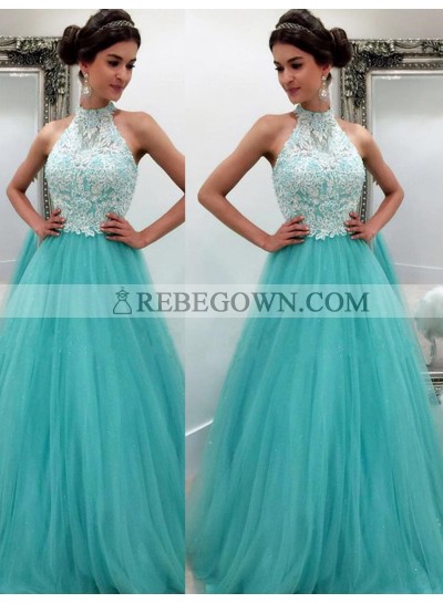 rebe gown 2022 Blue High Neck Appliques Long Floor length A-Line Tulle Prom Dresses
