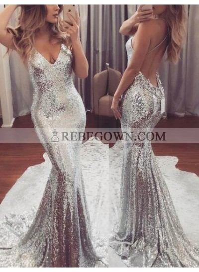 2022 Sexy Silver Sequence Mermaid Backless Prom Dresses