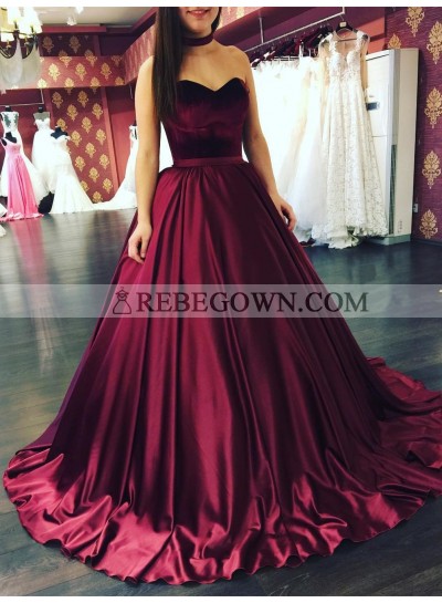 2022 Elegant Burgundy Satin Sweetheart Ball Gown Prom Dresses