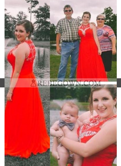2022 Gorgeous Red Beading Jewel Neck Chiffon Prom Dresses
