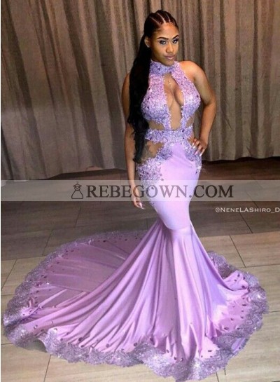 Sexy Mermaid  Lilac Long Train Backless Prom Dresses With Appliques