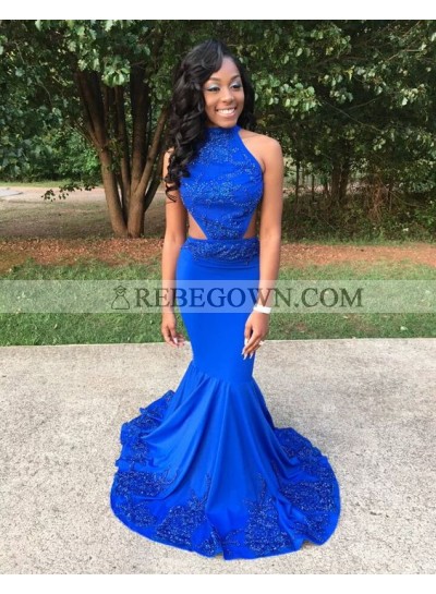 New Arrival Mermaid  Backless Royal Blue Chapel Train Prom Dresses With Appliques 