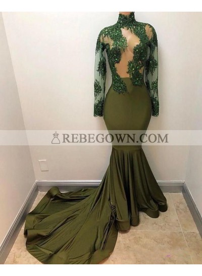 2022 New Arrival Mermaid  Dark Green Long Sleeves Transparent Prom Dresses With Appliques
