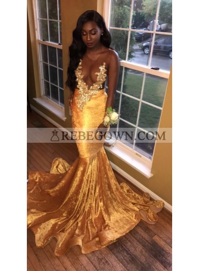 2022 Newly Gold Transparent Velvet Long Train Prom Dresses With Appliques
