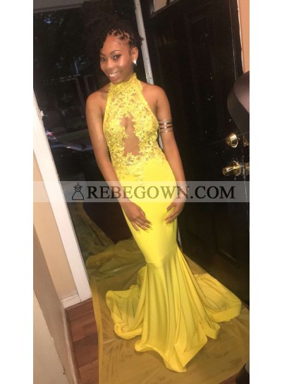 Backless Yellow Elastic Satin With Appliques Halter Prom Dresses