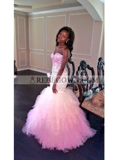 Sexy Sweetheart Mermaid  Tulle Ruffles Strapless Prom Dresses With Bead