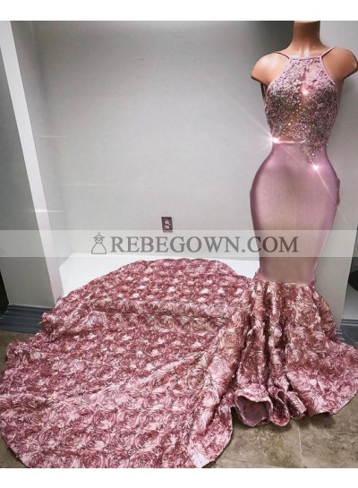 Luxury Dusty Rose Mermaid  Backless Rose Decoration Long Train Prom Dresses