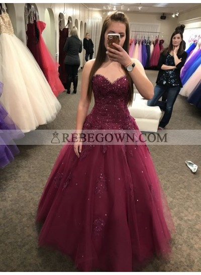 Cute Burgundy Sleeveless Tulle Sweetheart Ball Gown Prom Dresses
