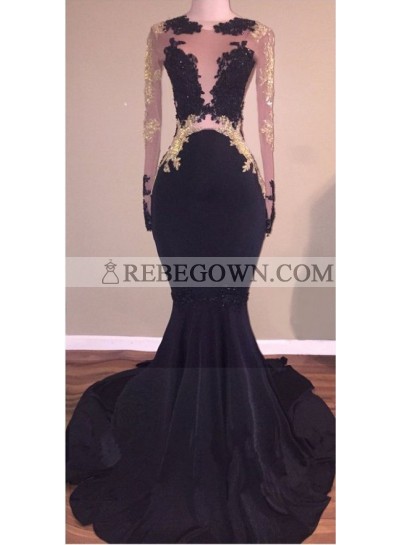 Sexy Black See Through Long Sleeves Tulle Prom Dresses With Appliques