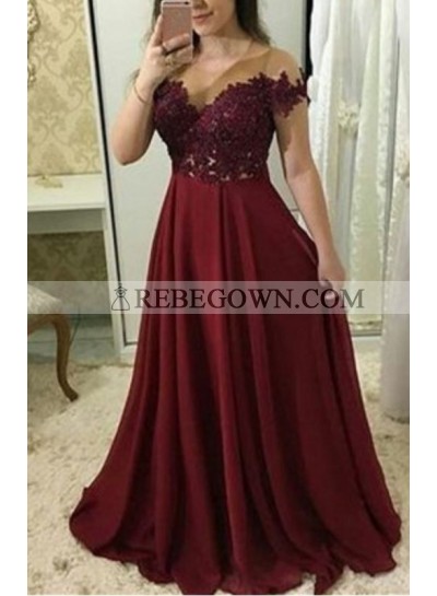 Cheap A Line Chiffon Burgundy Floor Length Plus Size Prom Dresses With Appliques