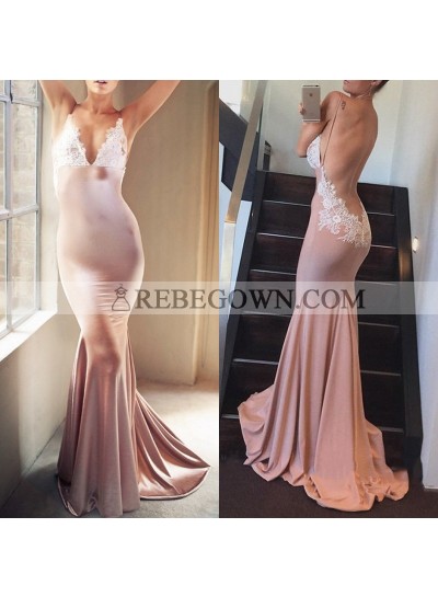 Sexy Mermaid  Pink Halter V Neck Backless Lace Prom Dresses With Small Train