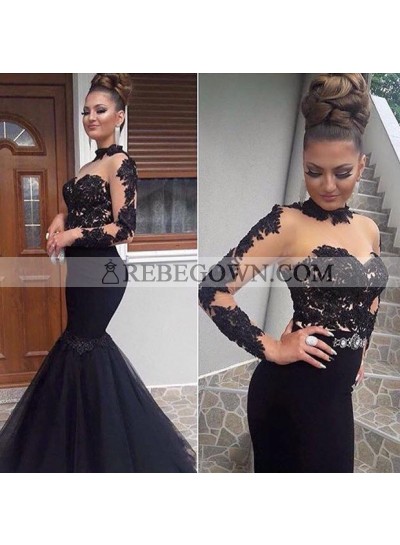 Sexy Black Mermaid  Long Sleeves See Through Lace Tulle Prom Dresses