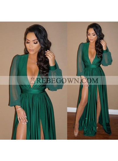 Elegant A Line Deep V Neck Long Sleeves Green Side Slit Prom Dresses