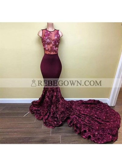 Charming Mermaid  African Burgundy Long Train Embroidery Rose See Through Long Prom Dresses