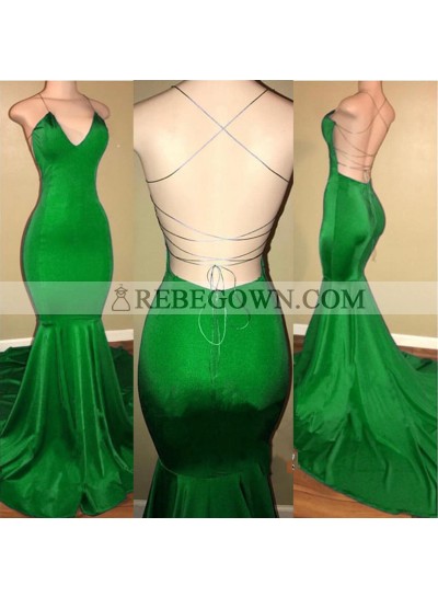 Sexy Mermaid  Green Backless Criss Cross V Neck Elastic Satin Prom Dresses