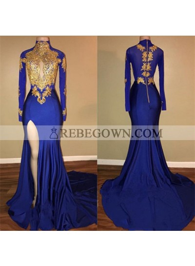 Charming African Royal Blue Side Slit Sheath Long Sleeves Prom Dresses With Gold Appliques 