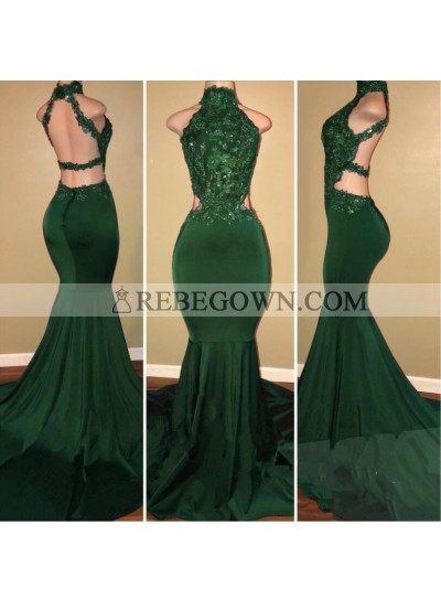 Sexy High Neck Green Backless Mermaid  Elastic Satin Appliques Long African Prom Dresses