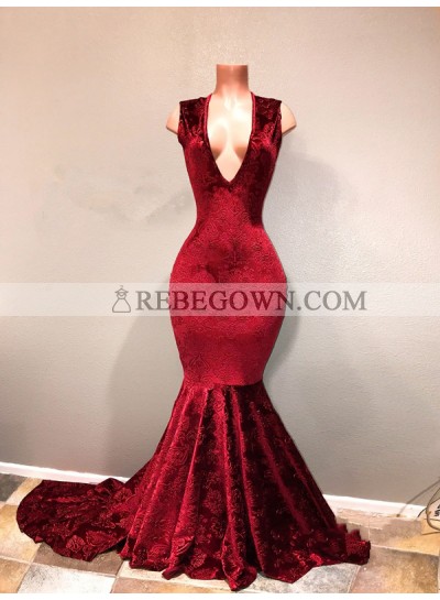 Sexy Burgundy Mermaid  Deep V Neck Lace Long African Prom Dresses