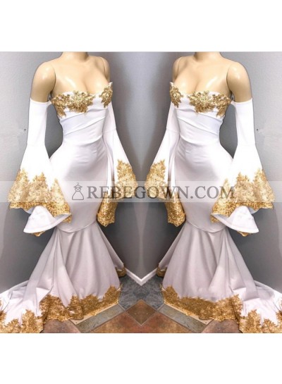 White Off Shoulder Mermaid  Long Sleeves Prom Dresses With Gold Appliques African Prom Dresses