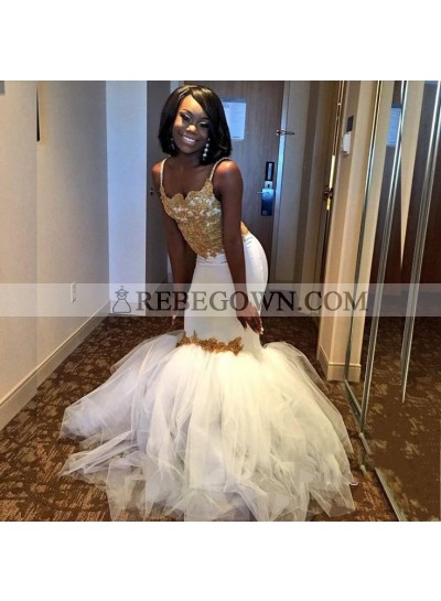 African Mermaid  White With Gold Appliques Spaghetti Straps Tulle Prom Dresses 2022