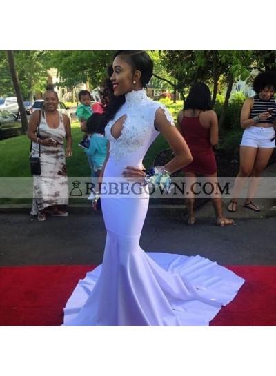 Sexy White Mermaid  With Appliques Key Hole Long African Prom Dresses