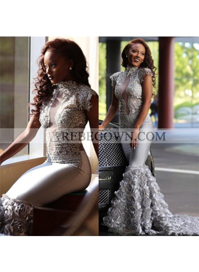 Amazing Silver Rose Decoration Middle See Through High Neck African Mermaid  Long Prom Dresses
