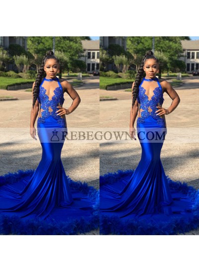 New Arrival Mermaid  See Through Royal Blue With Feathers African Long Prom Dresses