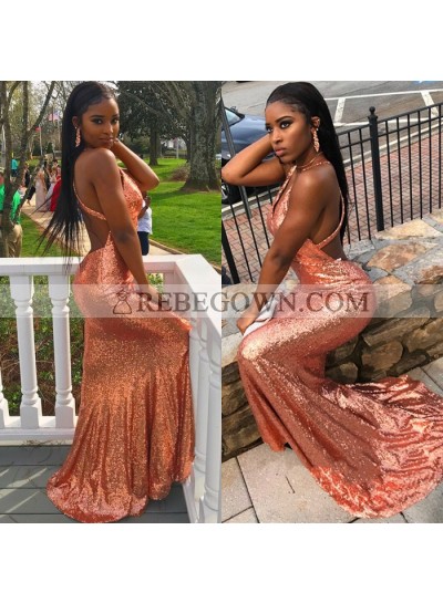Shiny Sheath Orange Backless Sequence Open Front Long Prom Dresses 2022
