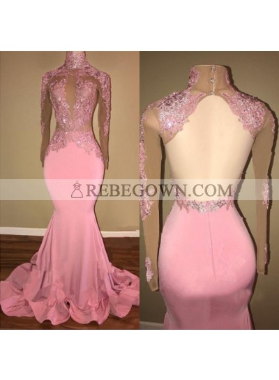 Alluring Pink Mermaid  Long Sleeves Backless Elastic Satin Open Front High Neck Prom Dresses 2022 