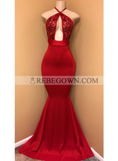 Sexy Red Mermaid  Halter Open Front Satin Prom Dresses With Sequence 