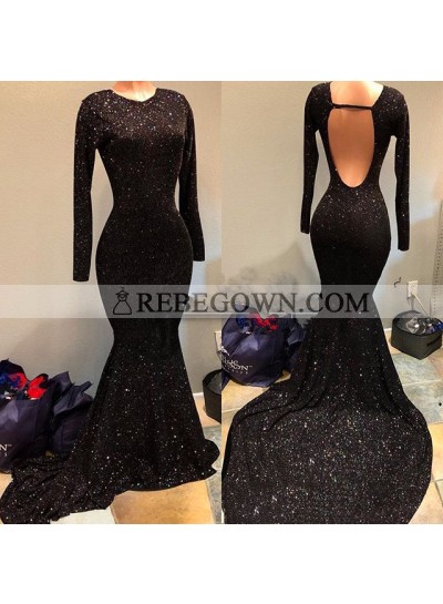 Shiny Black Mermaid  Long Sleeves Round Neck Backless Long Sequence Prom Dresses