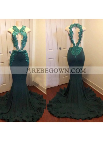 Dark Green Mermaid  Open Front With Appliques Backless Long Prom Dresses