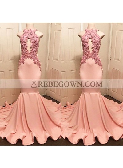Newly Mermaid  Dusty Rose High Neck Backless With Appliques Long Prom Dresses