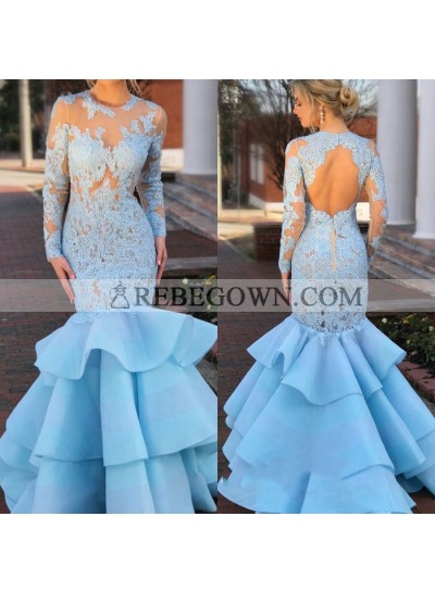 Amazing Blue Mermaid  Long Sleeves Ruffles See Through Backless Prom Dresses With Appliques