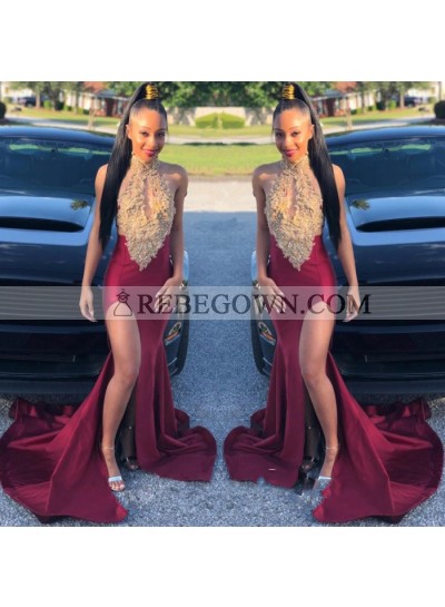 High Neck Burgundy With Gold Appliques Side Slit Satin Open Front Prom Dresses