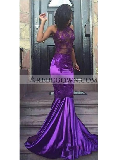 Sexy Purple Sheath High Neck See Through Elastic Satin African Prom Dresses