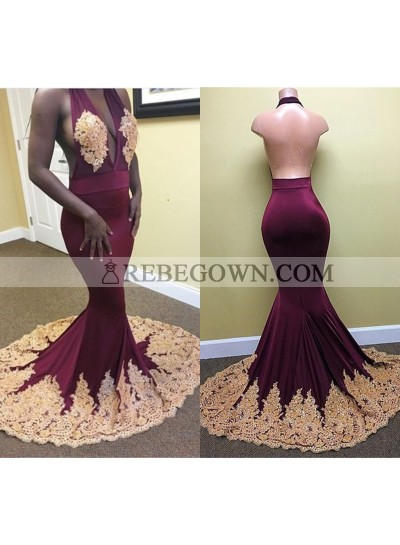 Sexy Burgundy With Gold Appliques Halter V Neck Backless Open Front Long Prom Dresses