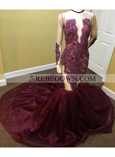 Amazing Mermaid  Organza Burgundy Long Sleeves See Through Open Front Long Prom Dresses 2022