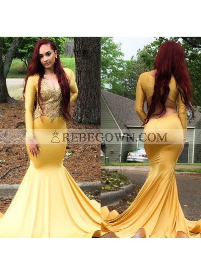 Sexy Mermaid  Light Yellow Long Sleeves V Neck Elastic Satin Long Prom Dresses
