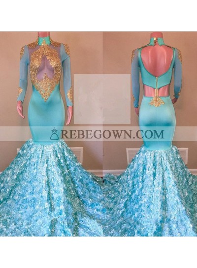 New Arrival Mermaid  Blue With Gold Appliques Long Sleeves African See Through Rose Prom Dresses