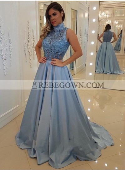 Elegant A Line Satin Blue High Neck Long Beaded See Through Long Prom Dresses
