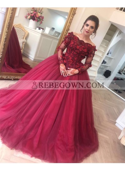 Off Shoulder Tulle Burgundy Long Sleeves Ball Gown Prom Dresses With Flowers