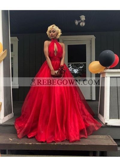 Elegant Red Halter Organza Backless Open Front Ball Gown Prom Dresses