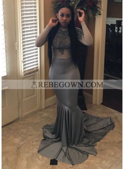 Long Mermaid  Gray Long Sleeves Gray See Through Prom Dresses With Appliques