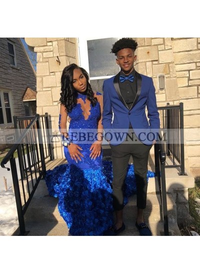Sexy Mermaid  Royal Blue African Long Sleeves Rose Open Front Long Prom Dresses With Appliques